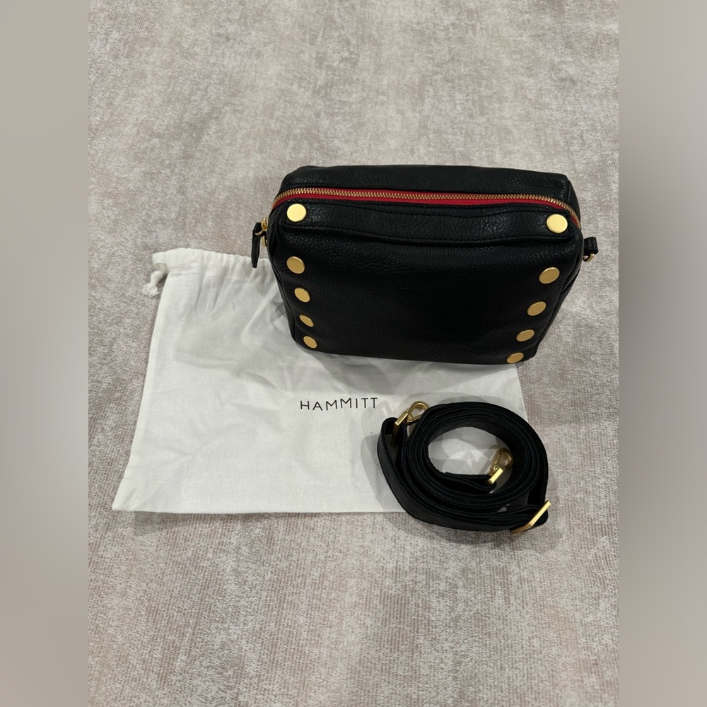 Hammitt Black Leather Crossbody with Gold Studs and Red Zip